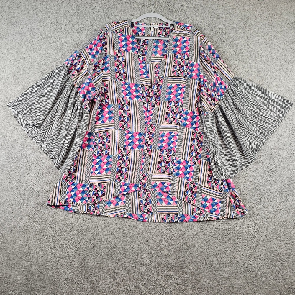 EST 1946 Womens Large Geometric Tribal Print Bell Sleeve Blouse Pink Blue Black